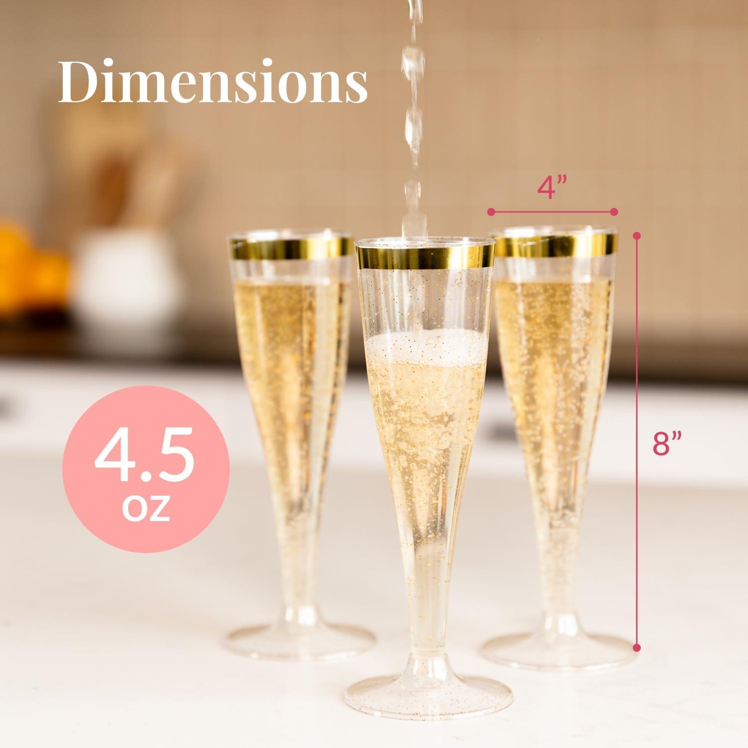 Prestee 24 Champagne Flutes Disposable, Gold Rim Glitter Plastic Cups