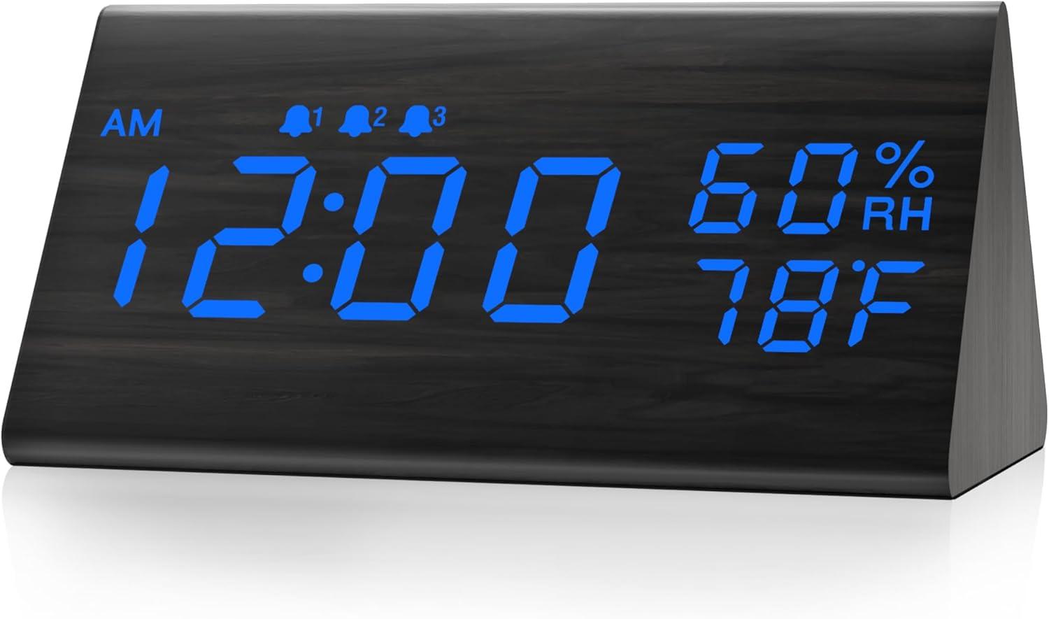 Modern Black Wood Digital Alarm Clock with LED Display