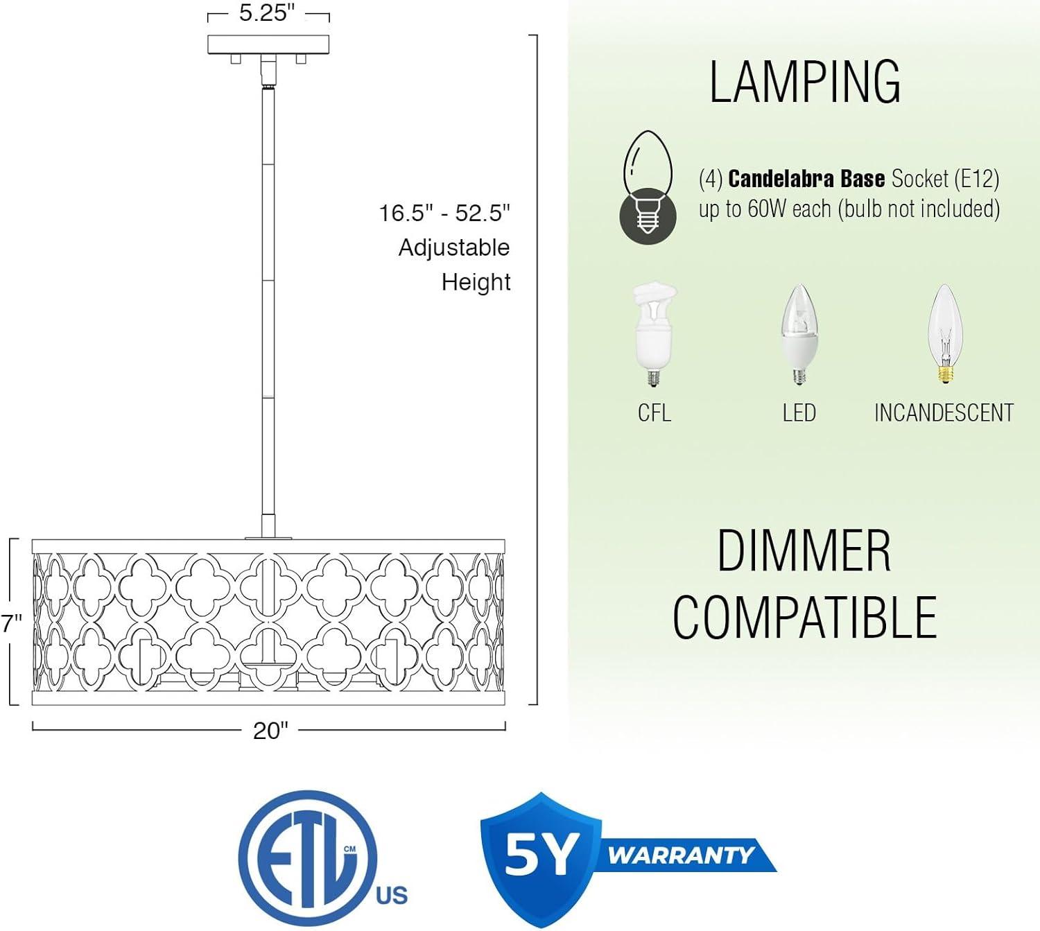 Kira Home Sutton 20" 4-Light Modern Chandelier, Metal Quatrefoil Drum Shade, Antique White Finish