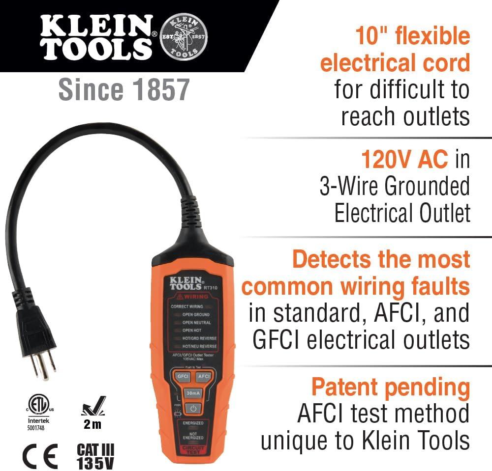 Klein Tools RT310 AFCI and GFCI Receptacle North American Electrical Outlet Tester