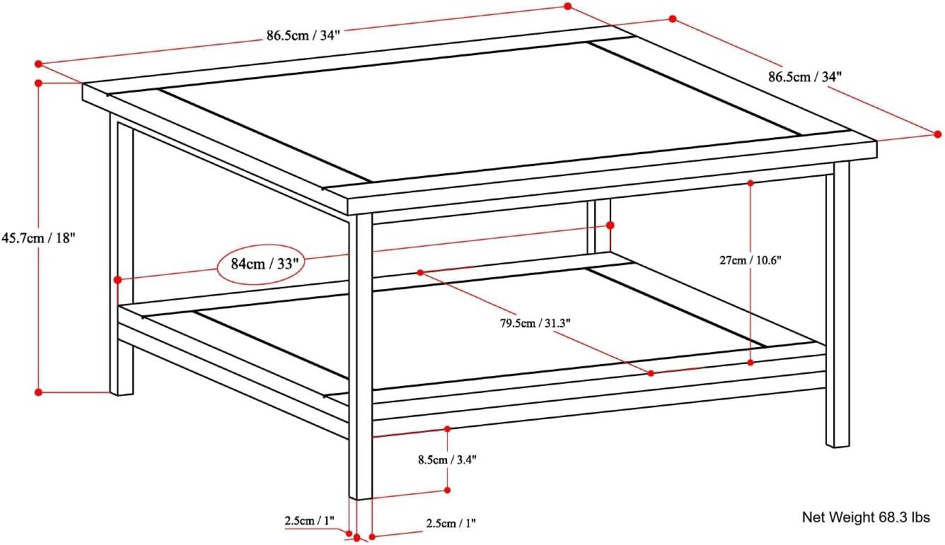 Simpli Home Skyler 34"W Solid Mango Wood Industrial Square Coffee Table with Open Shelf and Metal Frame