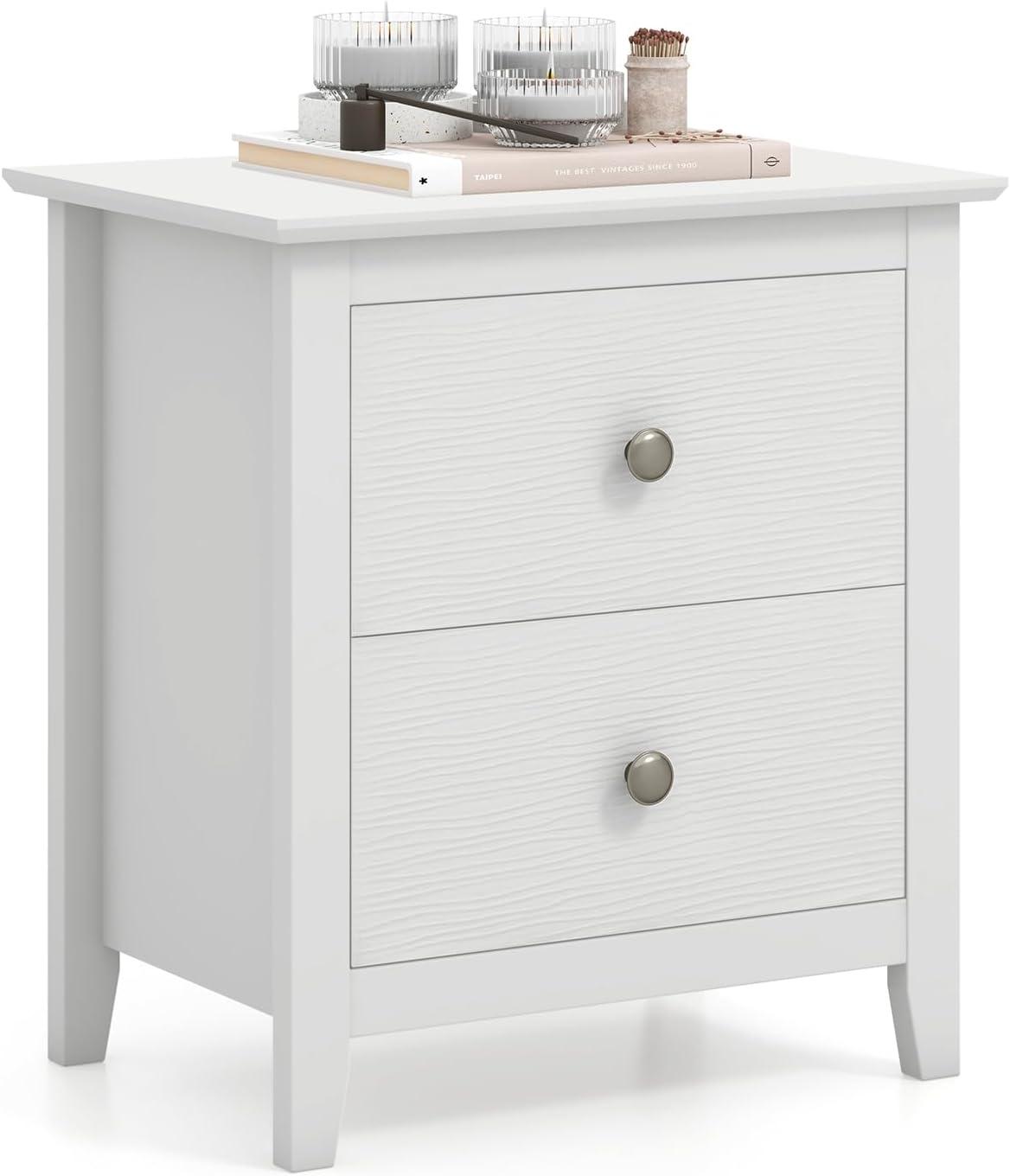 Tangkula Modern Nightstand with Storage 2 Drawers & Support Legs for Bedroom White