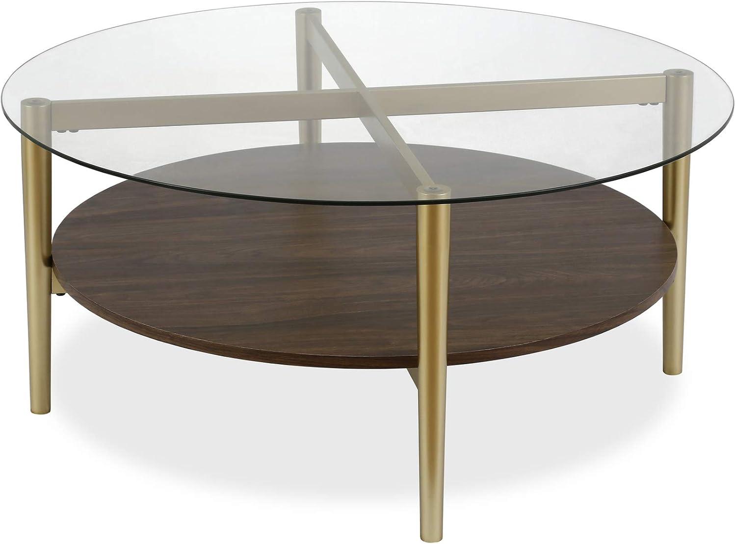 Evelyn&Zoe Otto 36" Wide Round Coffee Table with MDF Shelf, Gold/Walnut