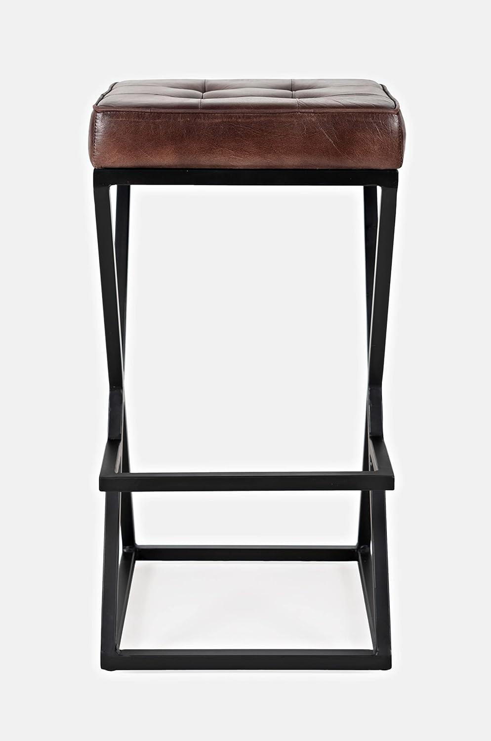 Transitional Saddle Brown Leather and Metal Counter Stool, 29''