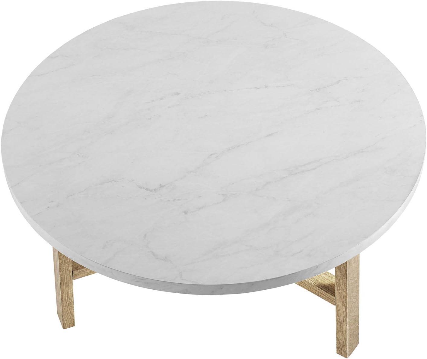 Walker Edison 30" Round Coffee Table in White Faux Marble and Light Oak