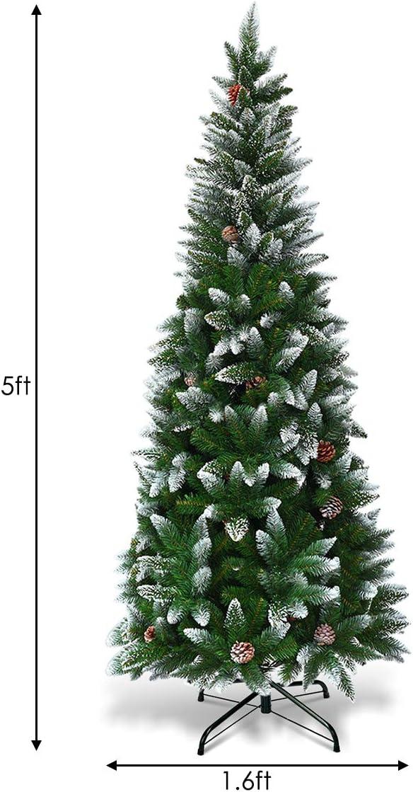 Costway 5ft Snow Flocked Unlit Pencil Christmas Tree Hinged Pine Cones