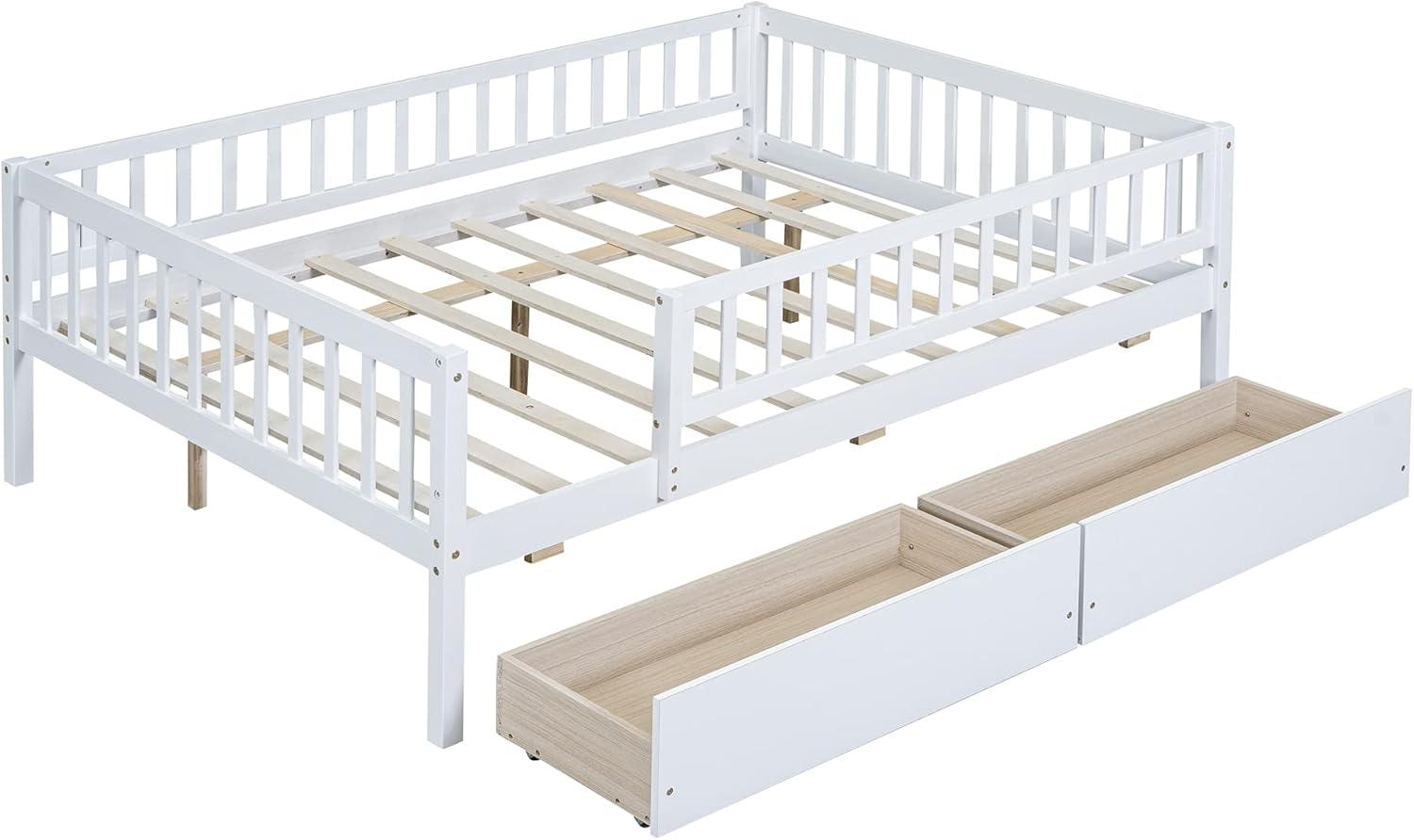 DEINPPA Full Bed with Drawers, Kids Daybed with Storage, Wooden Bed Frame with Slat for Kids Children Toddlers Boys Girls-White