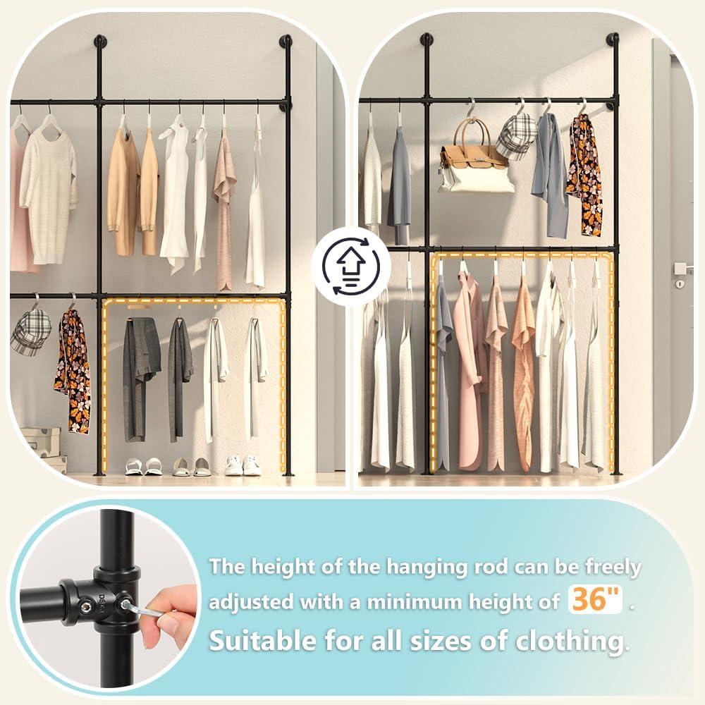 Industrial Pipe Clothes Rack Wall Mounted Clothing Rack,Heavy Duty Iron Pipe Garment Rods,Detachable Multi-Purpose Clothing Hanging Rod/Garment Bar, Black