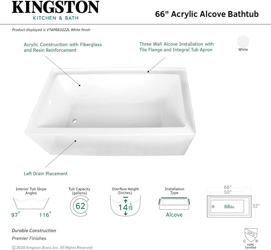 Kingston Brass Aqua Eden 66-Inch Acrylic Rectangular 3-Wall Alcove Tub