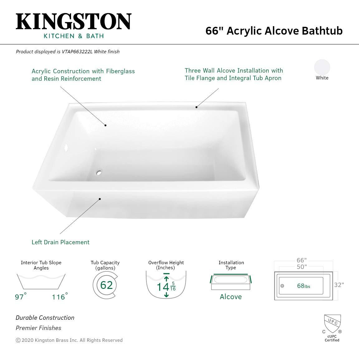 Kingston Brass Aqua Eden 66-Inch Acrylic Rectangular 3-Wall Alcove Tub
