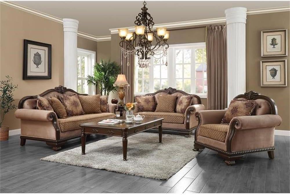 69" Chateau De Ville Fabric Sofa Espresso Finish - Acme Furniture: Carved Wood, Tufted Cushions, Includes 3 Pillows