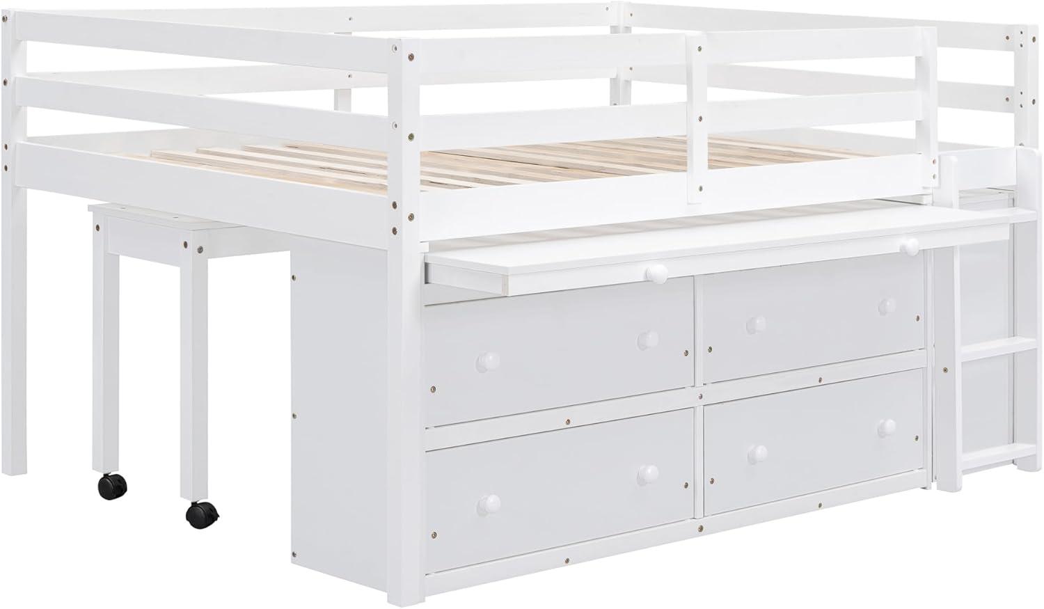 Full Size Low Loft Bed With Storage, Portable Desk & 4 Drawers, Wood Frame With Shelves, Modern Farmhouse Junior Loft for Kids Boys Girls, White