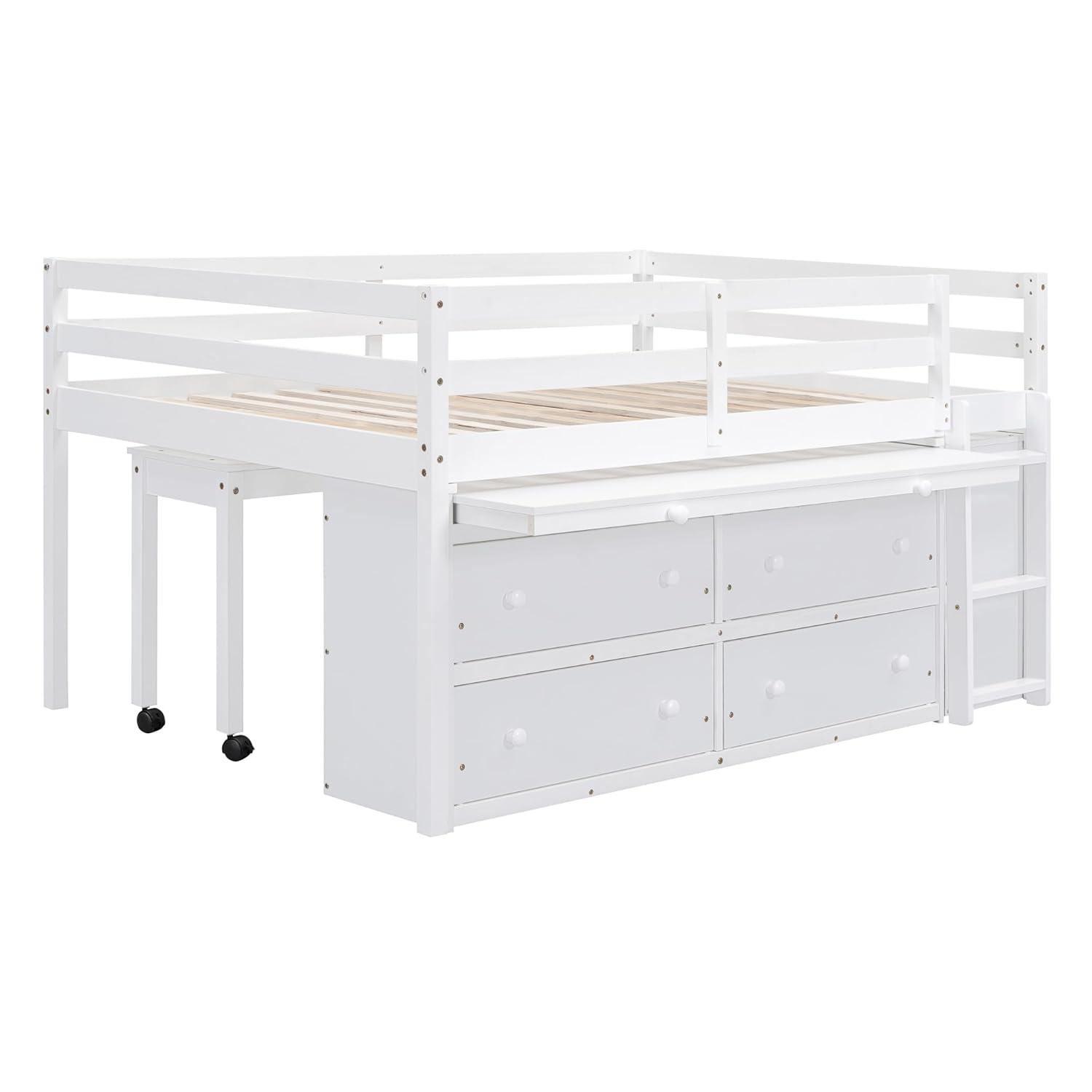 Full Size Low Loft Bed With Storage, Portable Desk & 4 Drawers, Wood Frame With Shelves, Modern Farmhouse Junior Loft for Kids Boys Girls, White