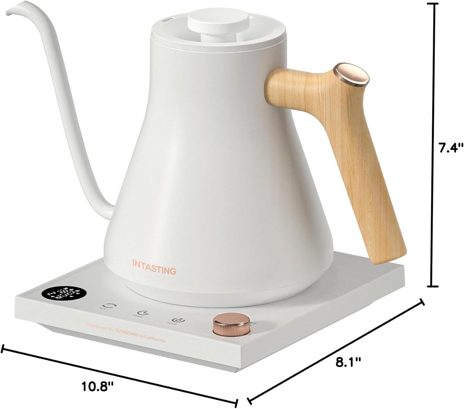 White Electric Gooseneck Kettle with Bamboo Handle and LCD Display