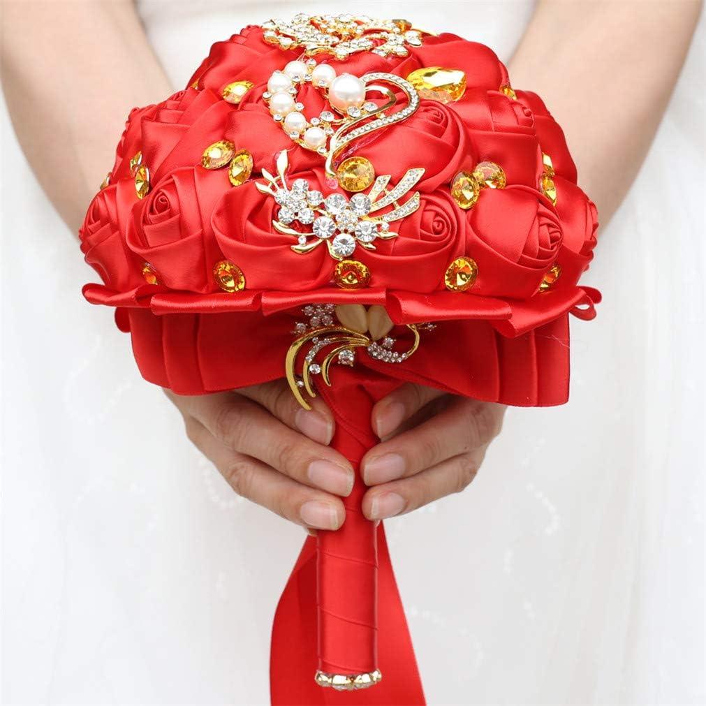 Customization Satin Rose Wedding Bouquet Gold Brooch Crystal Rhinestone Bride Bouquet Wedding Flowers, Burgundy