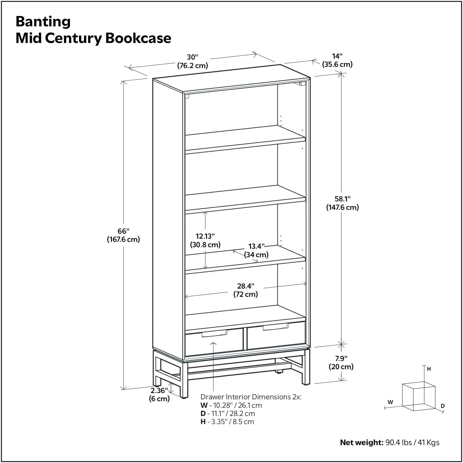 Banting 30"W Solid Wood 4 Shelf Industrial Bookcase with 2 Drawers, Adjustable Shelves, and Metal Base