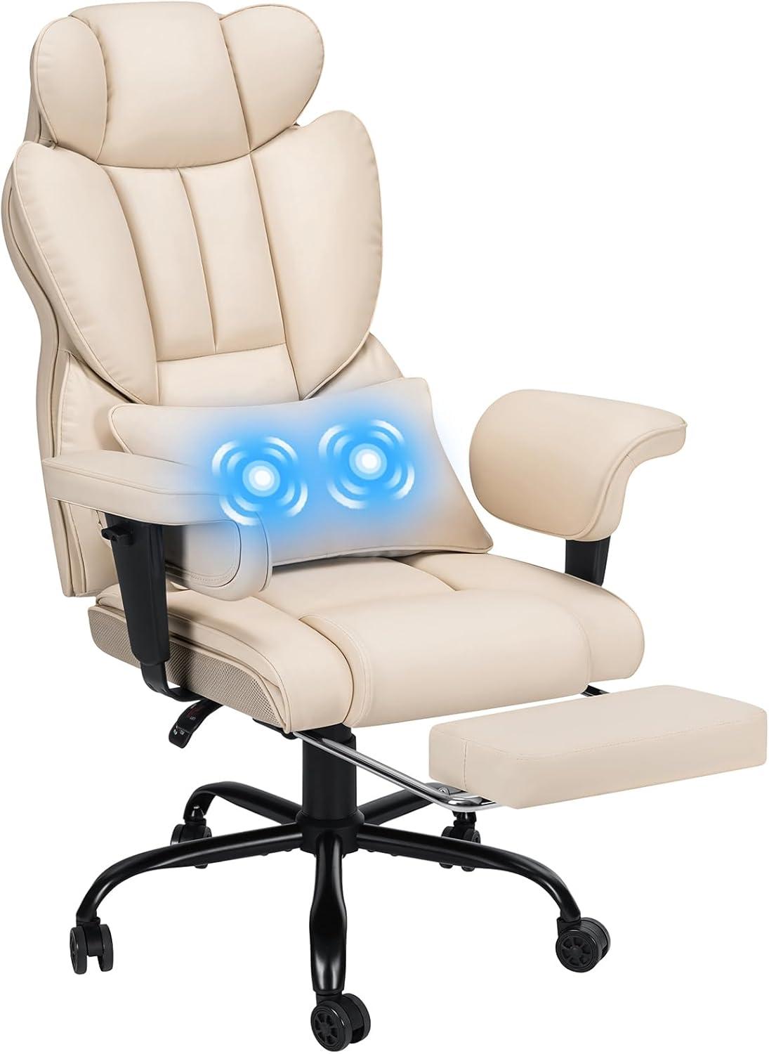 Hoffree Big and Tall Office Chair 450lbs, Executive Computer Desk Chair with Massage Ergonomic  Leather Chair with Footrest Reclining Desk Office Chair with Lumbar Support for Home Office