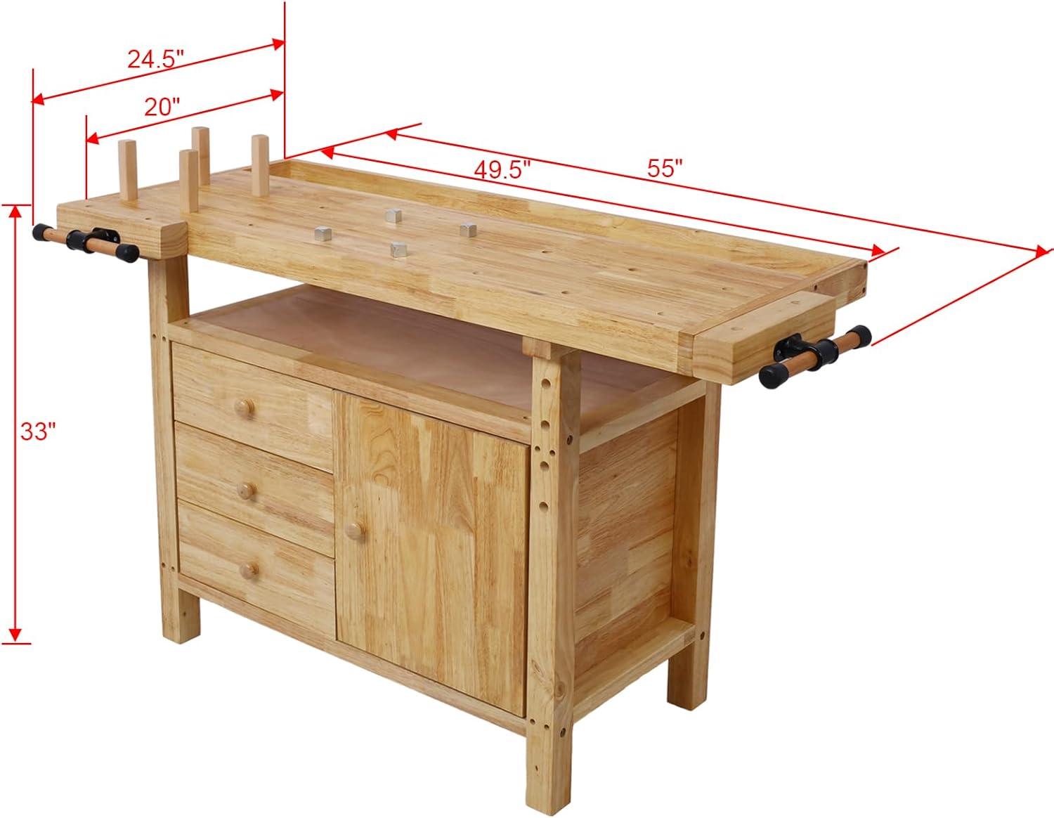 60" Natural Rubberwood Workbench with Drawers and Shelf