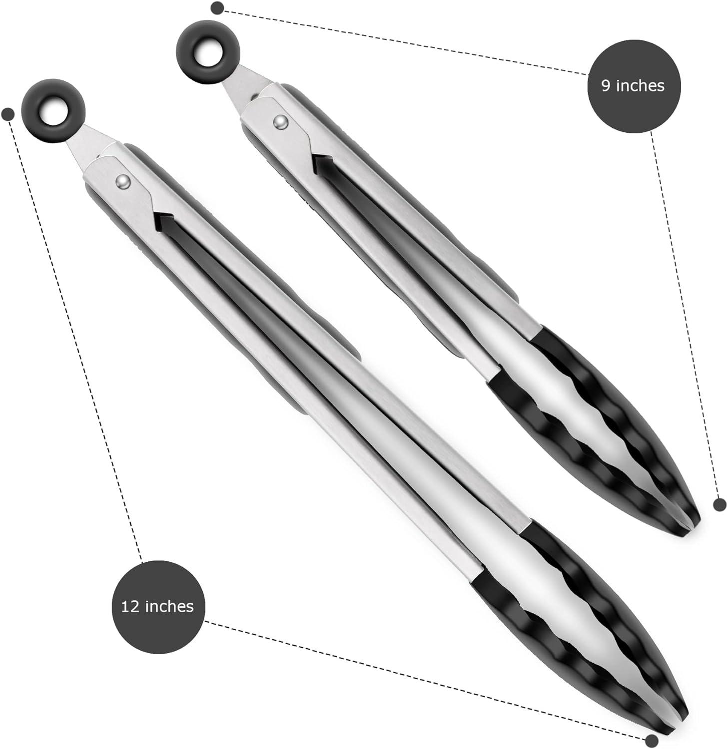 2 Pack Black Kitchen Tongs, Premium Silicone BPA Free Non-Stick Stainless Steel BBQ Cooking Grilling Locking Food Tongs, 9-Inch & 12-Inch