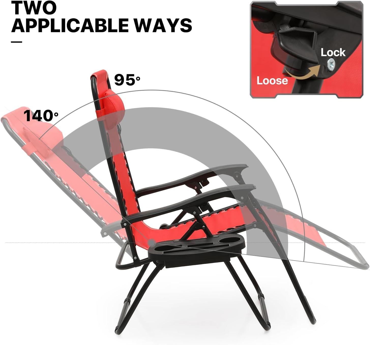 MoNiBloom Zero Gravity Lounge Chairs, Outdoor Patio Folding Beach Recliners with Headrest and Foot, Red