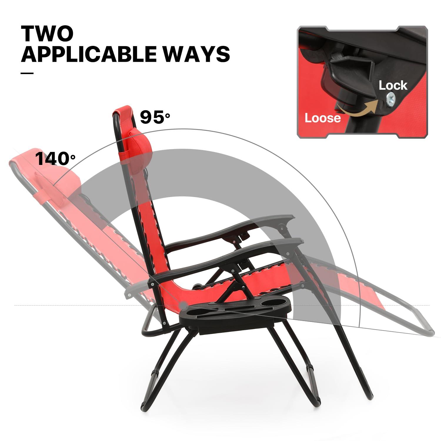 MoNiBloom Zero Gravity Lounge Chairs, Outdoor Patio Folding Beach Recliners with Headrest and Foot, Red