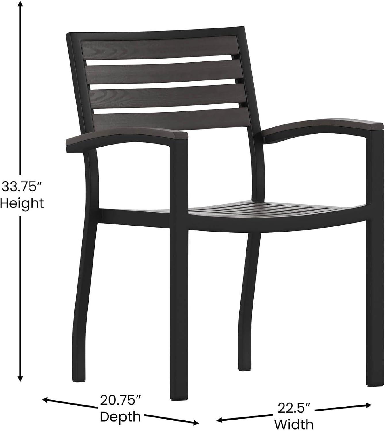 Flash Furniture 2 Pack All-Weather Black Aluminum Patio Stack Chairs - Gray Wash Faux Teak Slats