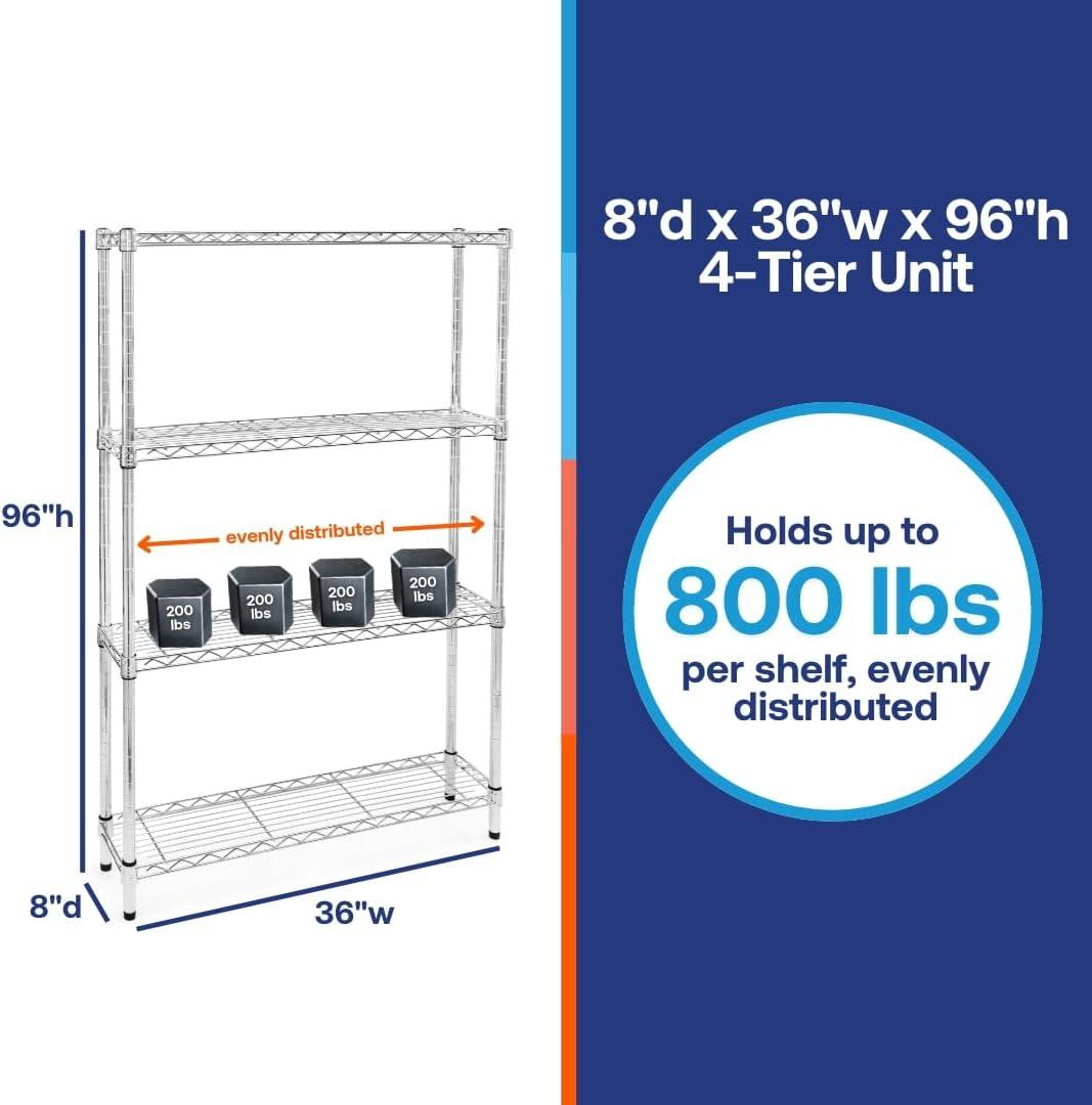 Shelving.com Chrome Wire Shelving with 4 Tier Shelves - 8"d x 36"w x 96"h