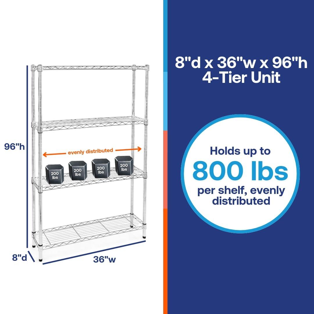 Shelving.com Chrome Wire Shelving with 4 Tier Shelves - 8"d x 36"w x 96"h