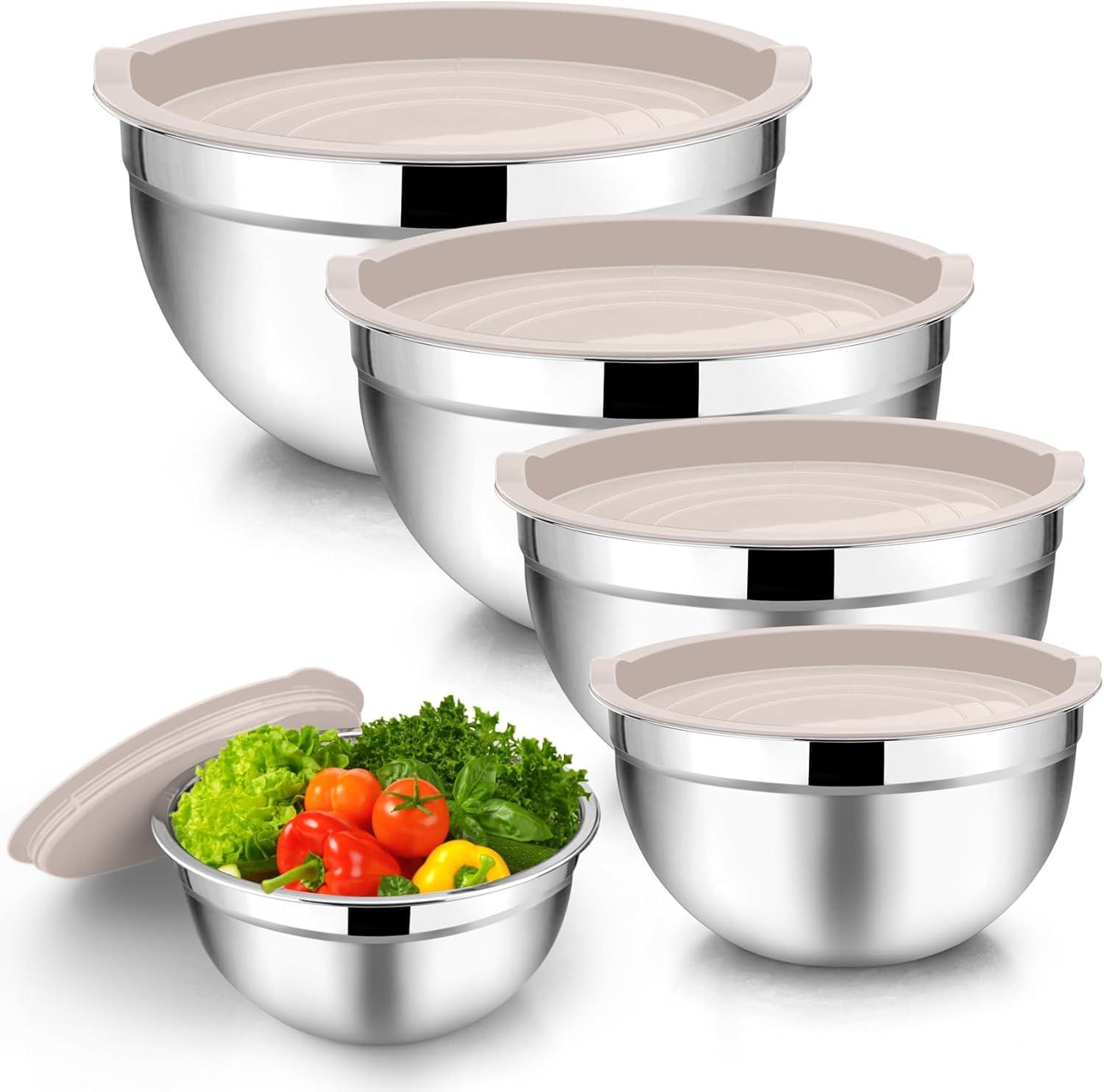 Toledo Bath & Kitchen Stainless Steel Mixing Bowls With Lids, 5-Pack Metal Nesting Bowls With Airtight Covers For Cooking, Baking, Serving, Storage, Non-Toxic & Dishwasher Safe, Size 4.6/3/1.5/1/0.7QT - Khaki