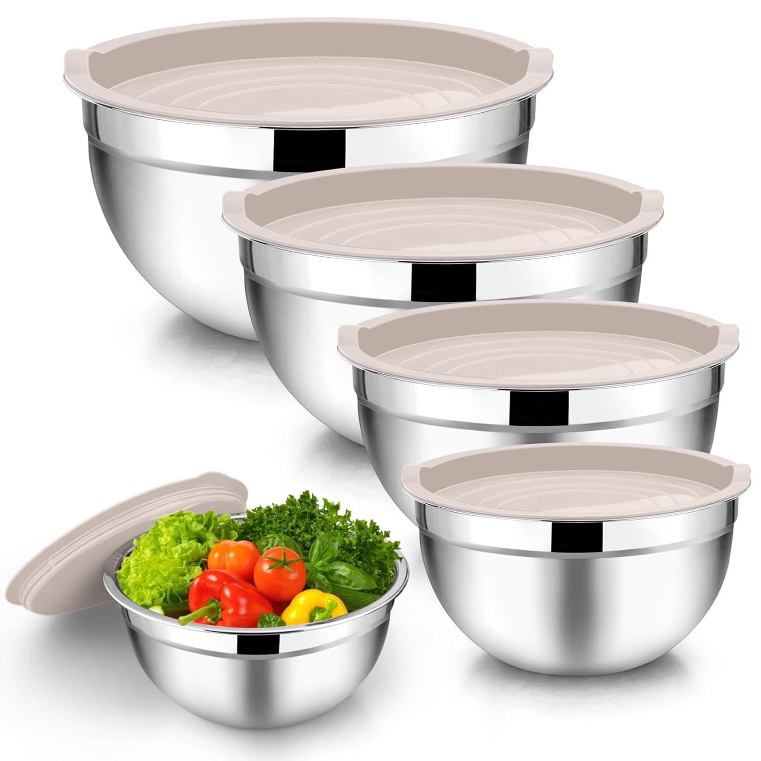 Toledo Bath & Kitchen Stainless Steel Mixing Bowls With Lids, 5-Pack Metal Nesting Bowls With Airtight Covers For Cooking, Baking, Serving, Storage, Non-Toxic & Dishwasher Safe, Size 4.6/3/1.5/1/0.7QT - Khaki