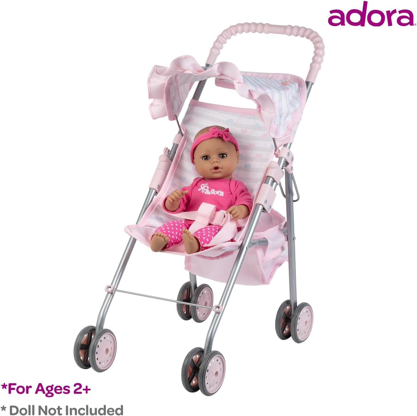 Adora Pastel Pink Heart Baby Doll Stroller with Umbrella Shade & Ruffle Trim