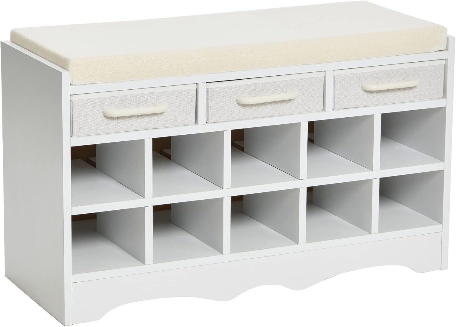 Entryway Storage Bench with 3 Drawers, 10 Shoe Compartments and Cushioned Seat