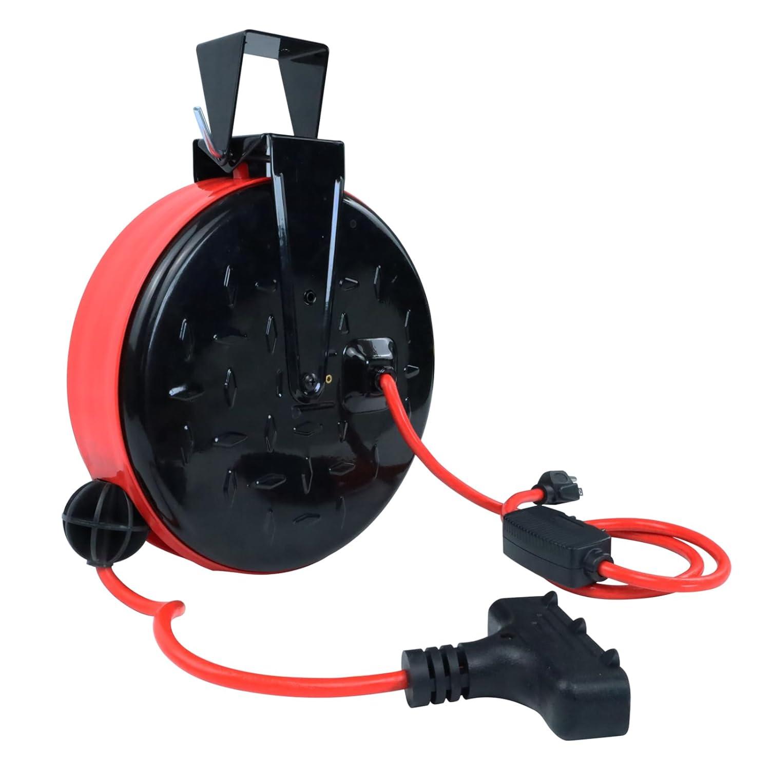 EP 30 Ft Retractable Extension Cord Reel, 16/3 SJTW Power Cord with 3 Electrical Outlets, Ceiling or Wall Mount, 10 Amp Circuit Breaker, Metal Plate, UL Listed, Red
