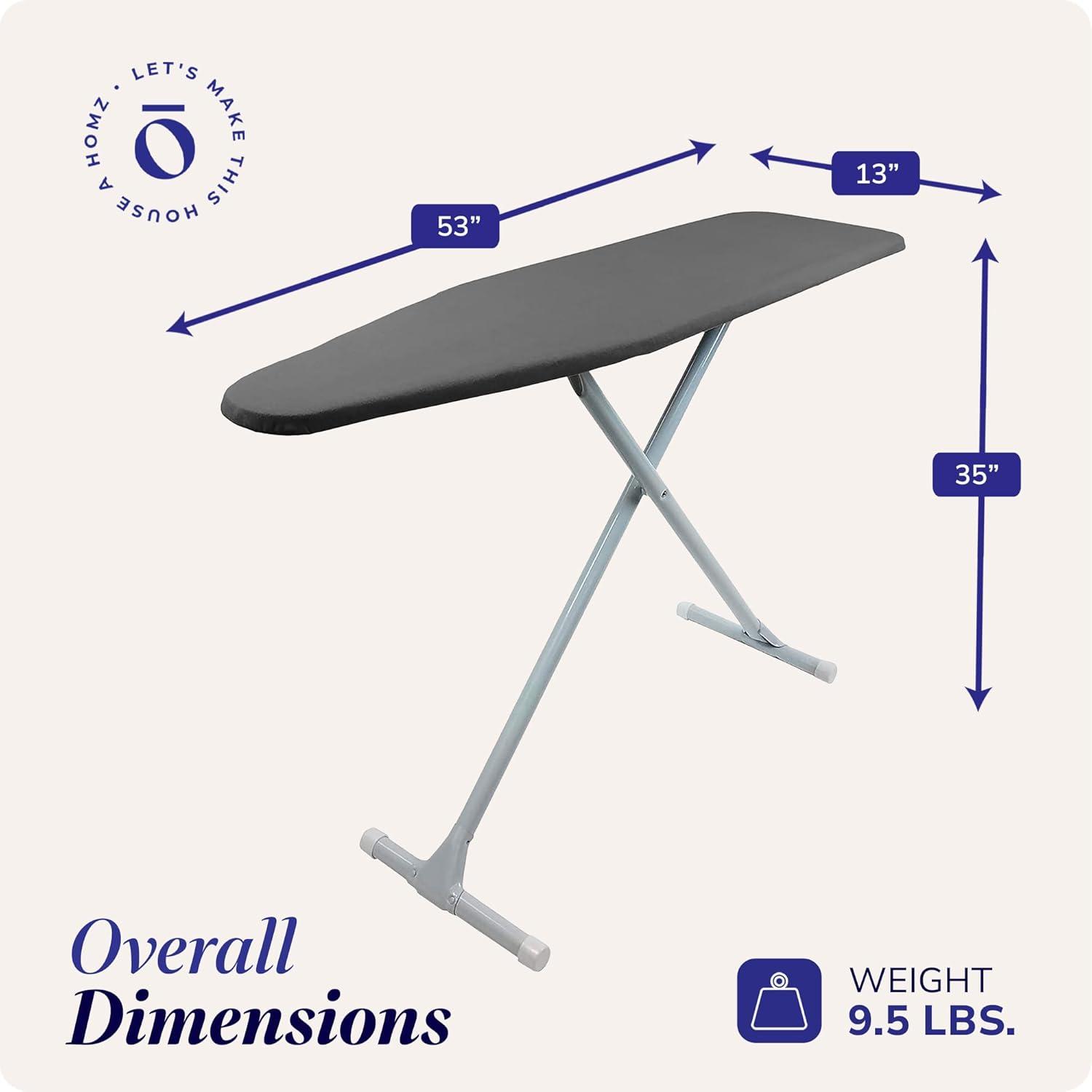 Homz T-Leg Foldable Adjustable Ironing Board w/Pad & Cotton Cover, Gray