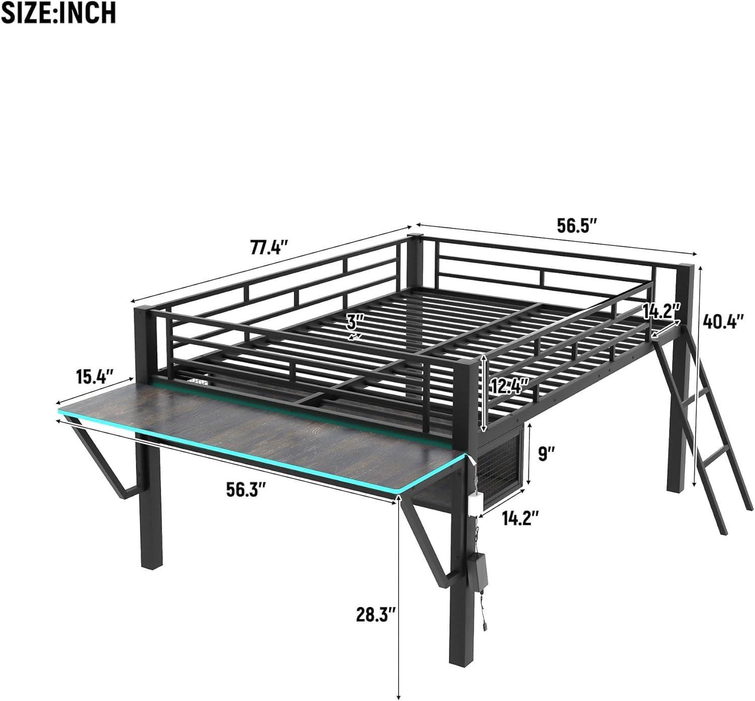 DreamBuck Full Size Gaming Loft Bed with Desk, LED and Storage Space, Metal Loft Bed Frame with Vented Mesh Undercarriage Storage, Modern Full Loft Beds for Teens, No Box Spring Needed