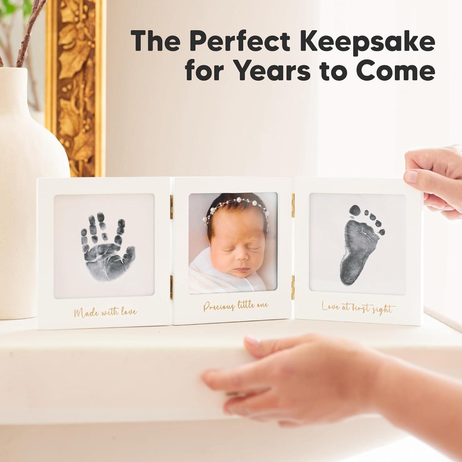 Inkless Baby Handprint and Footprint Kit for Newborn - Baby Footprint Kit, Newborn Keepsake Nursery Picture Frame, Dog Paw Print Maker, Personalized Gifts for New Mom, Showers & Registry (White/Gold)