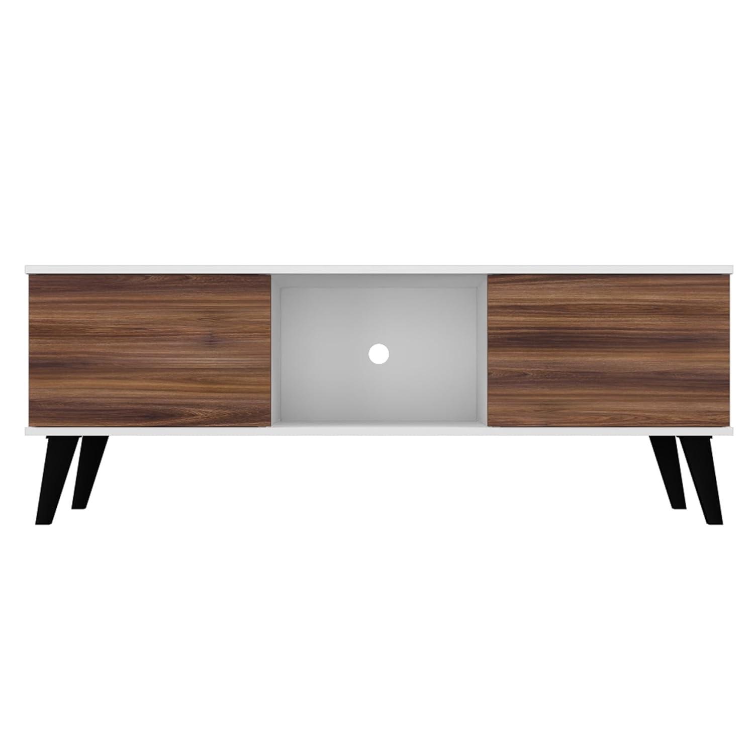 Manhattan Comfort Doyers 53.15" Mid Century TV Stand for Bedroom and Living Room Use, Entertainment Center with Storage, Shelf and Soft Close Doors, Ideal for 50 Inch Screens, White/Nut Brown