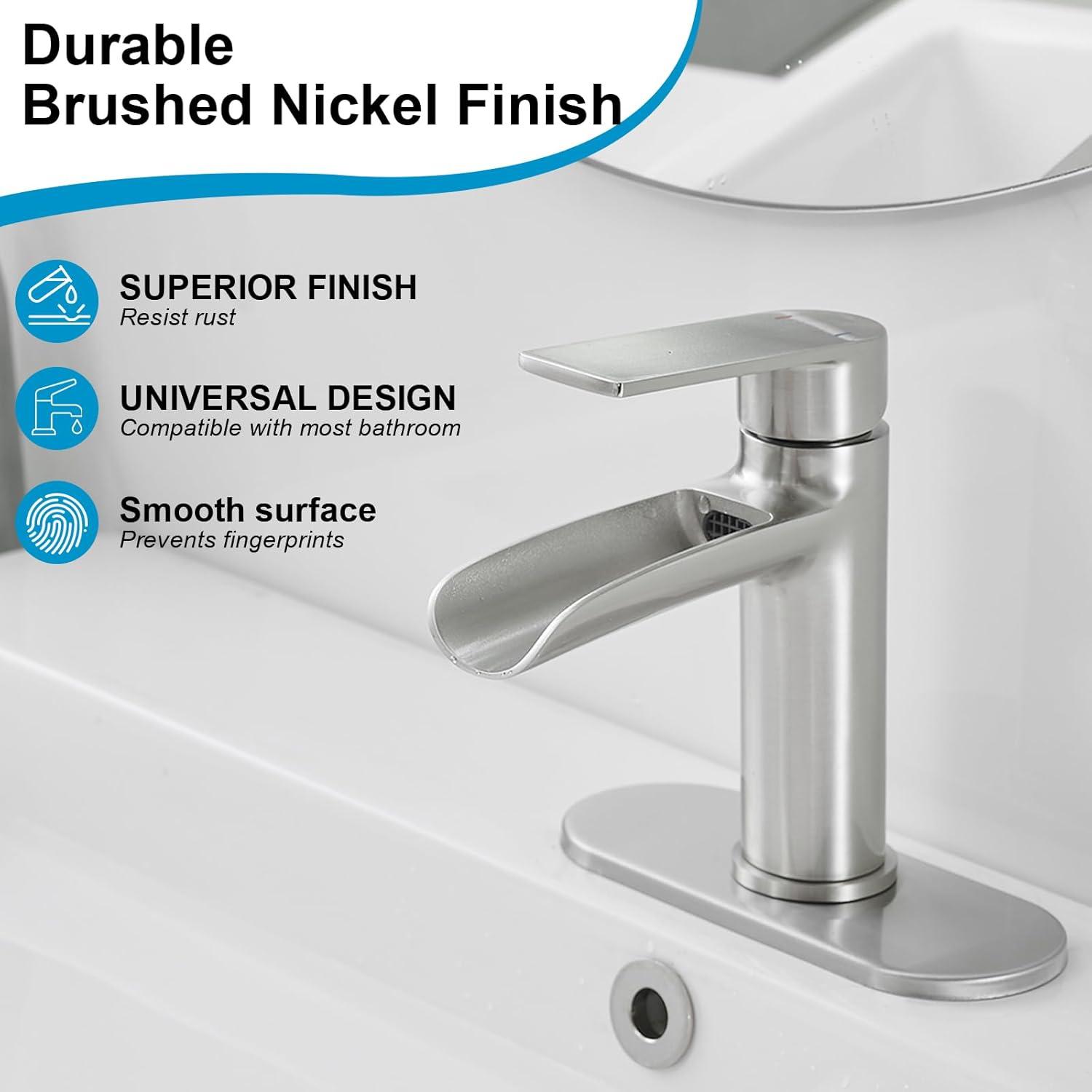 BWE Bathroom Faucets Waterfall Bathroom Faucet with Pop Up Drain for Bathroom Sink Single Hole Farmhouse RV Bathroom Basin Faucet Brushed Nickel