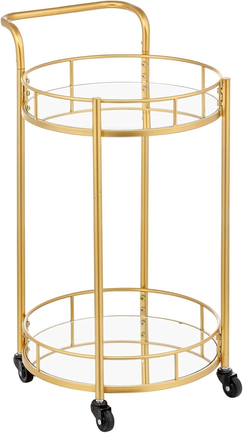 Soft Brass Round Metal Bar Cart with Glass Shelves