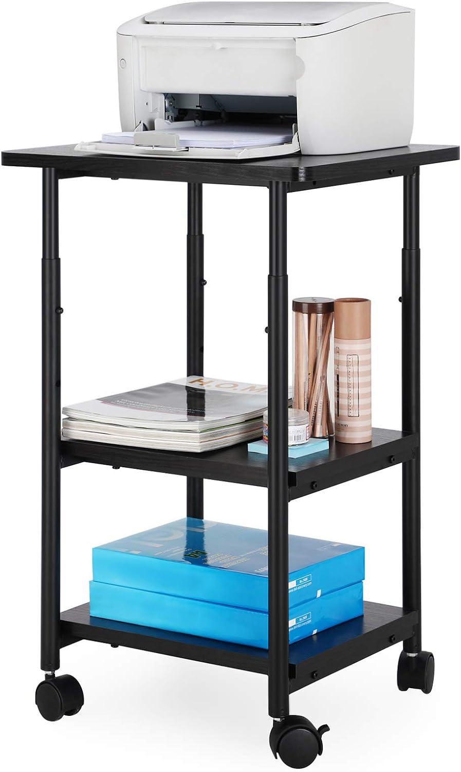 Adjustable Black Metal 3-Tier Printer Stand with Wheels