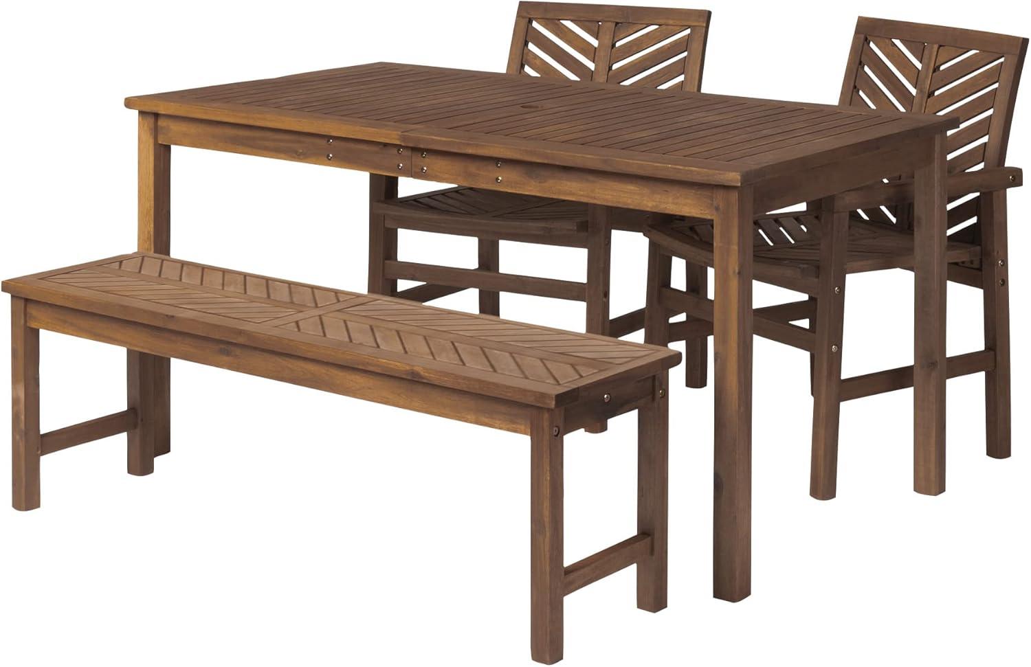 Dark Brown Acacia Wood Chevron Outdoor Dining Set with Bench and Chairs