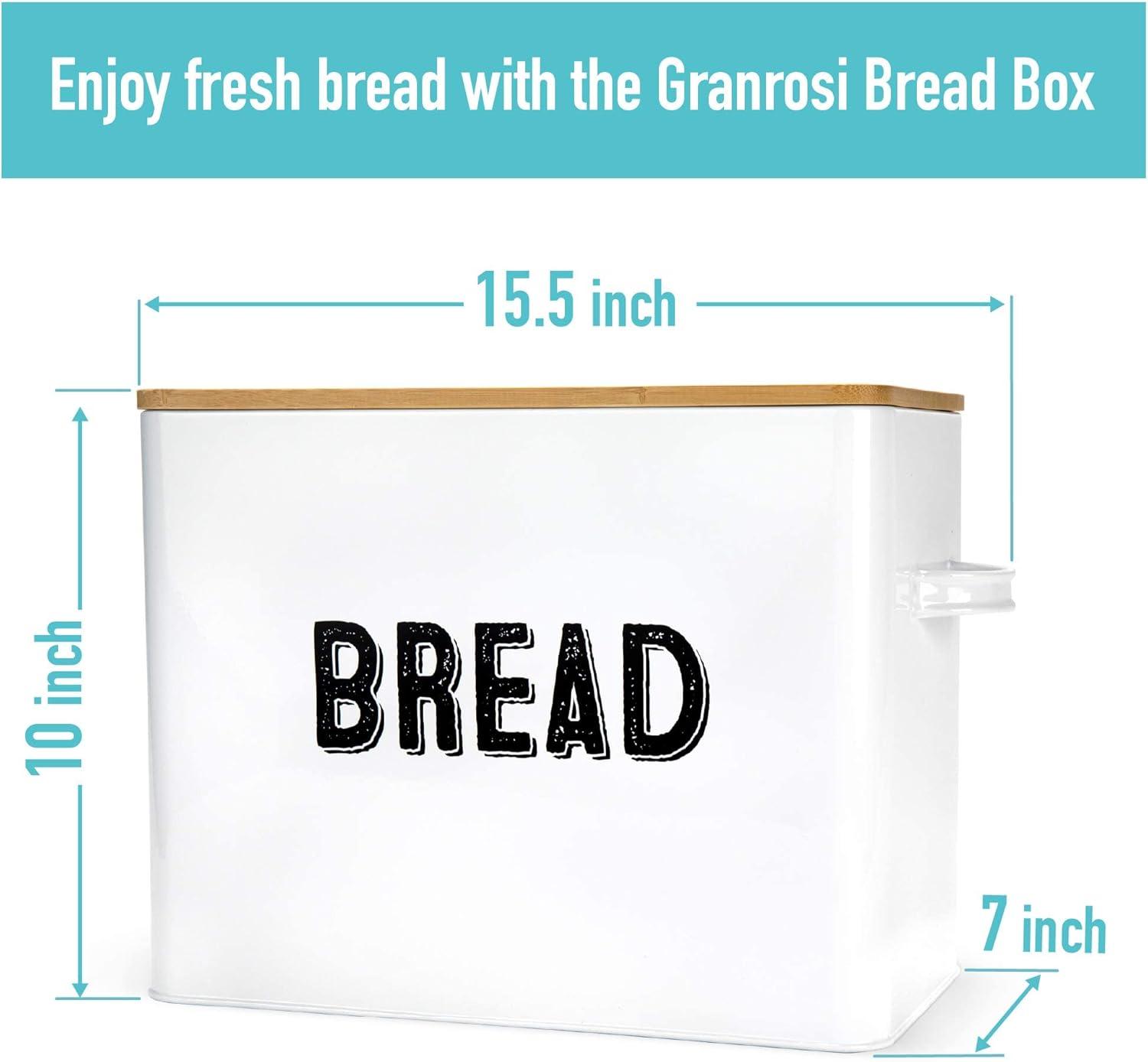 Granrosi 10" Tall Vintage-Inspired Farmhouse Metal Bread Keeper Box Storage Container with Bamboo Wooden Lid and 2 Handles, White