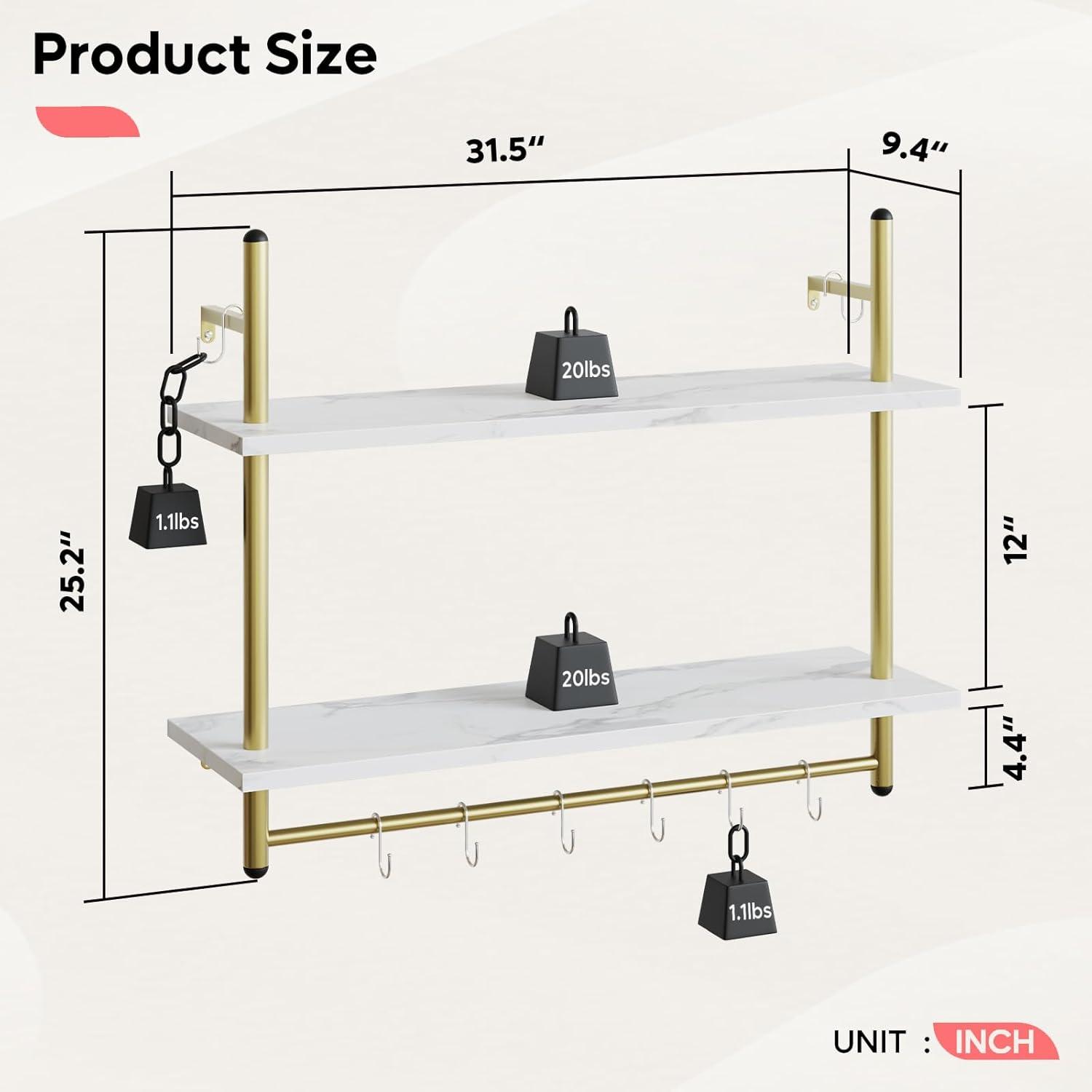 White Marble Floating Wall Shelf with Towel Bar and Hooks