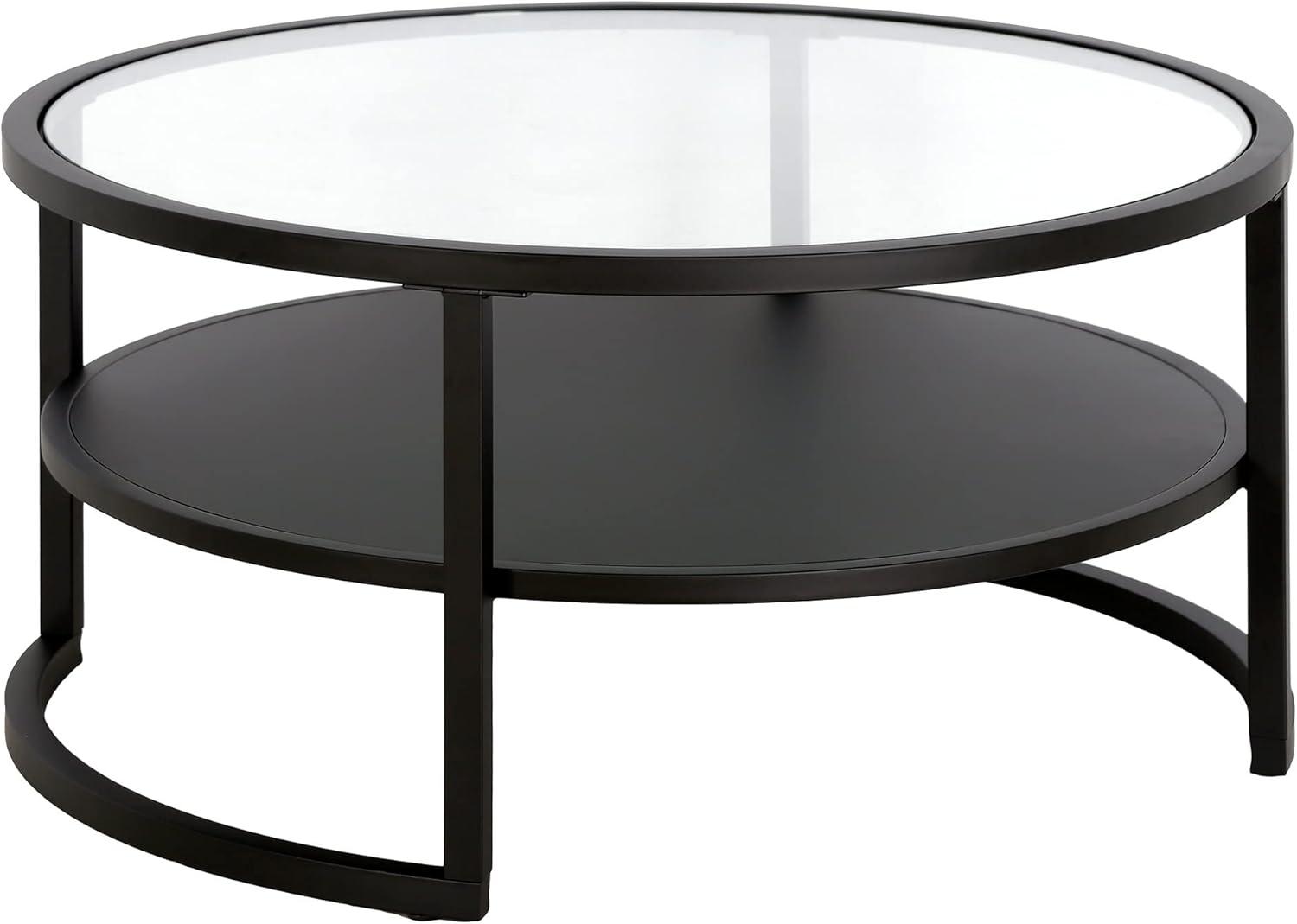 Elegant Industrial Round Coffee Table with Tempered Glass Top and Metal Shelf