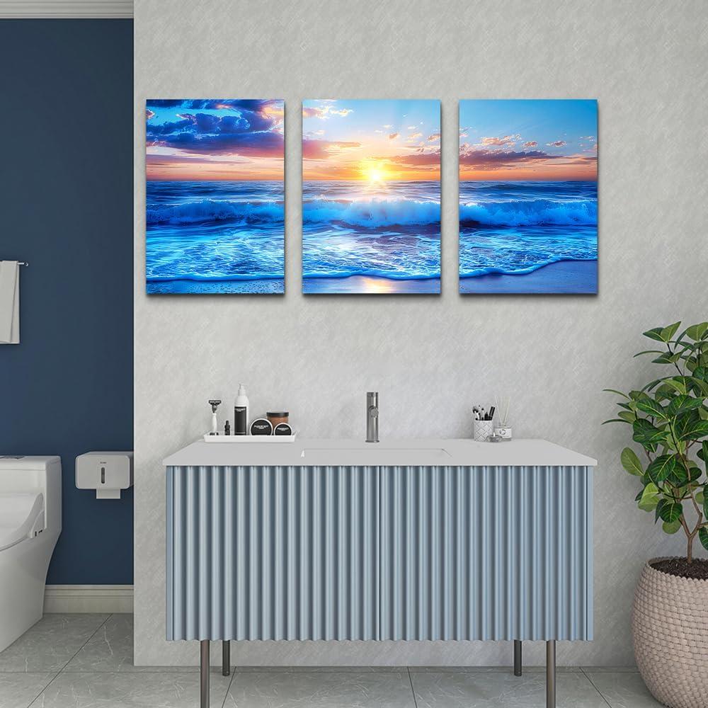 Sunrise Ocean Waves Canvas Wall Art For Living Room Bedroom Wall Decor Office Wall Pictures Blue Sea View Wall Paintings Beach Canvas Prints Artwork Modern Bathroom Home Decor Art 12" X 16" 3 Pieces