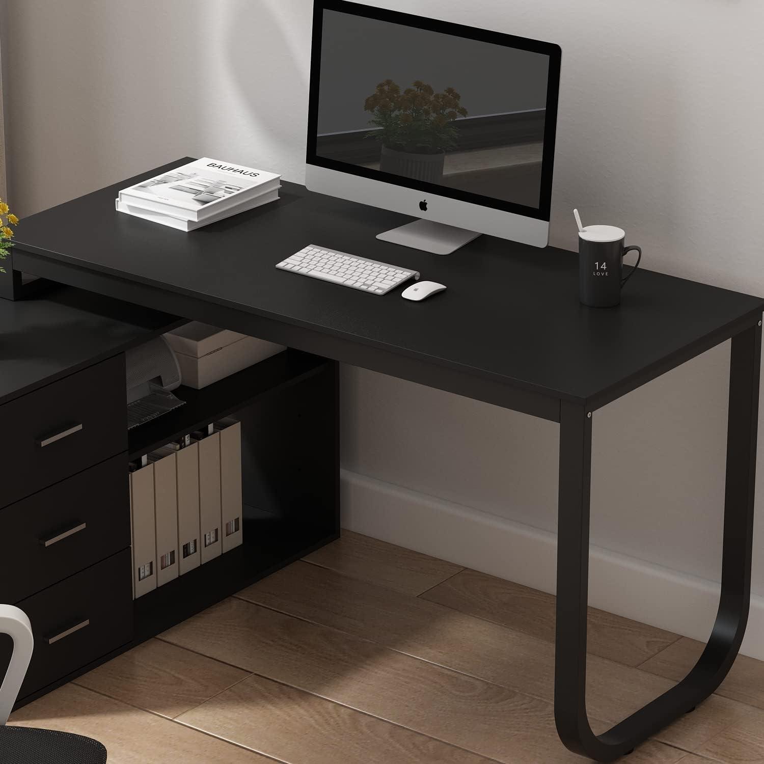 KULAGAGA L Shaped Computer Desk Corner Writing Workstation Table with Cabinet Drawer Storage for Home Office Study, Black