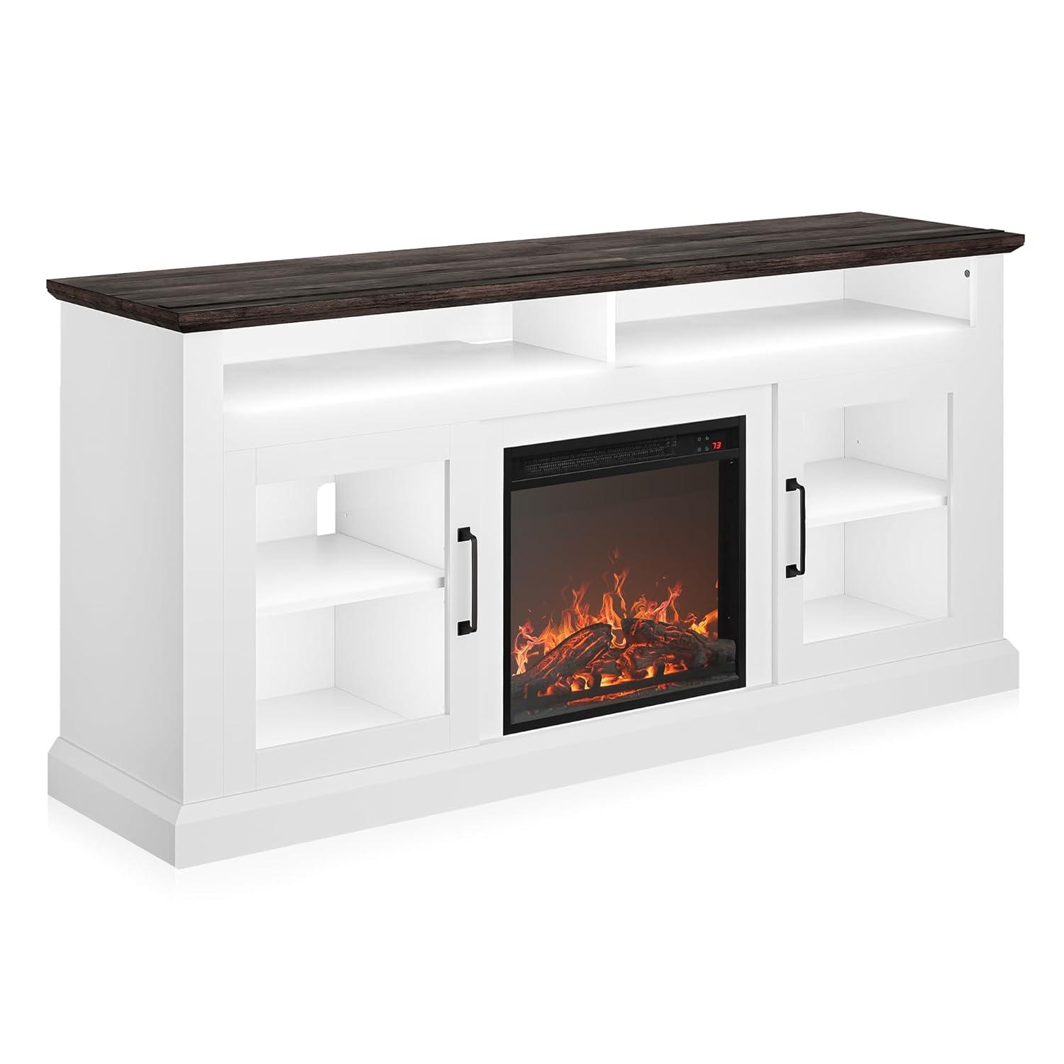 BELLEZE Modern 60 Inch Traditional TV Stand with 18 Inch Electric Fireplace & Media Entertainment Center Console Table for TV up to 65 Inch with Open Storage Shelves & Cabinets - Cayman (White)
