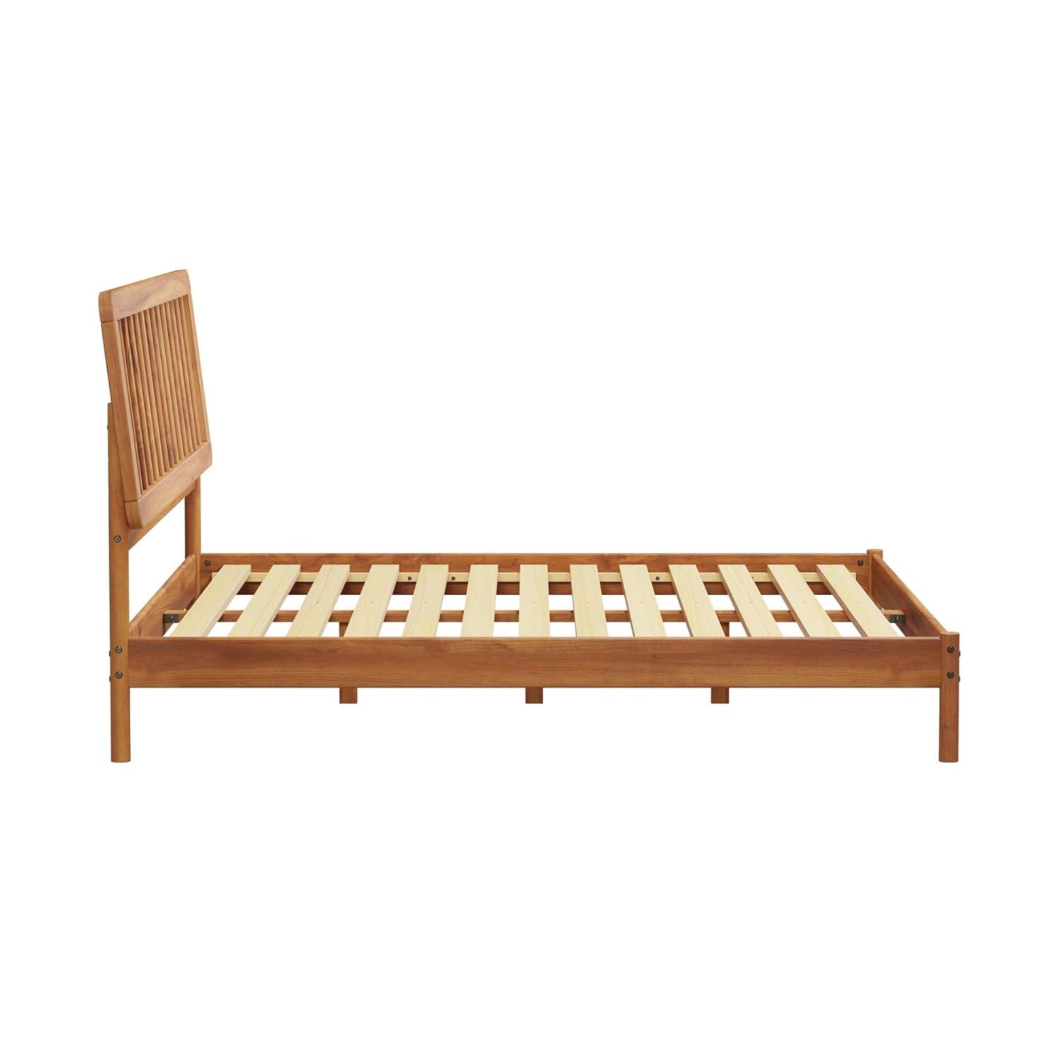Walker Edison Mid-Century Modern Slatted Solid Wood King Bedframe, Caramel
