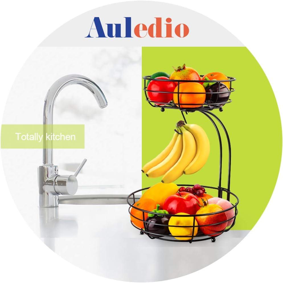 Auledio 2 Tier Metal Fruit Basket with Banana Hanger Detachable Organization and Storage for Kitchen (Black)