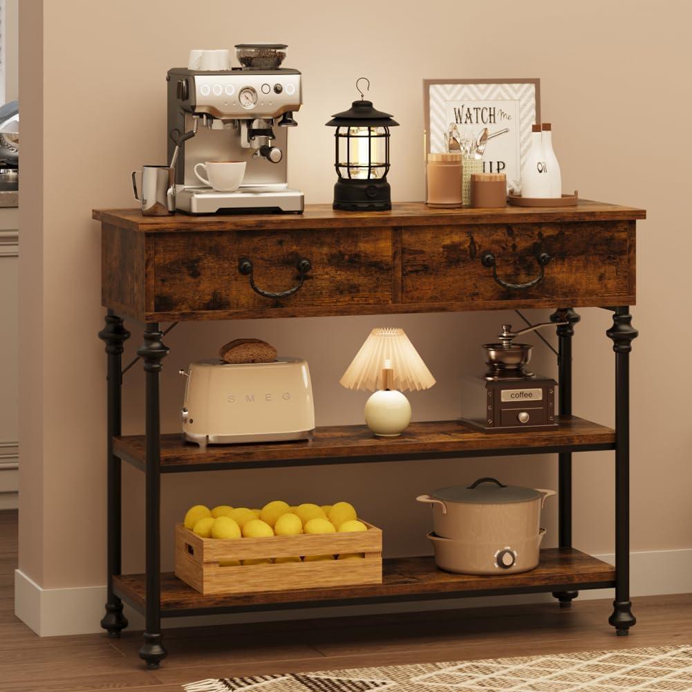 Rustic Brown Wood and Metal Console Table with Storage Shelves